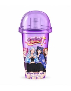 K-Rush Beauty Hair and Body Mist de 250 ml en envase violeta con pulverizador y personajes de estilo K-pop
