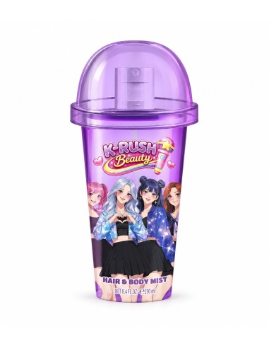 K-Rush Beauty Hair and Body Mist de 250 ml en envase violeta con pulverizador y personajes de estilo K-pop