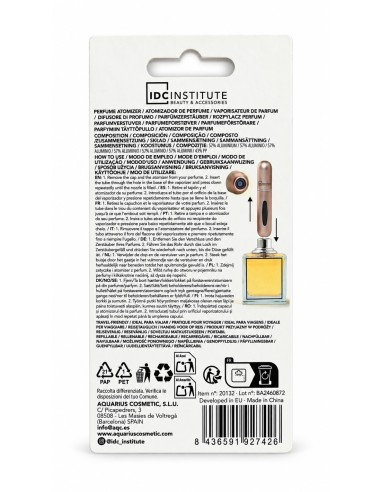 Reverso del envase del atomizador IDC Institute rellenable de 5 ml con instrucciones de recarga por la base