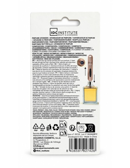 Reverso del envase del atomizador IDC Institute rellenable de 5 ml con instrucciones de recarga por la base