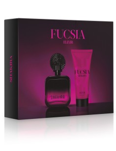 Estuche Shakira Fucsia Elixir con Eau de Parfum de 50 ml y loción corporal de 75 ml en tonos negro y fucsia
