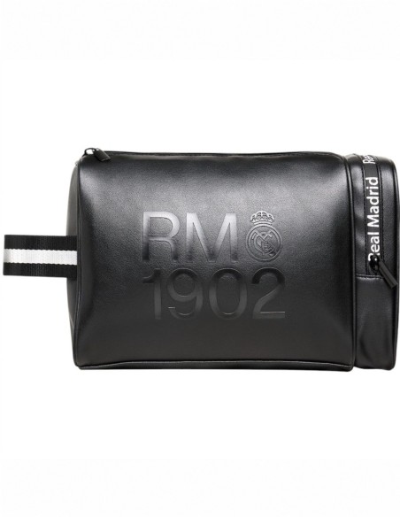 Neceser premium negro Real Madrid con cierre de cremallera, escudo y detalle RM 1902