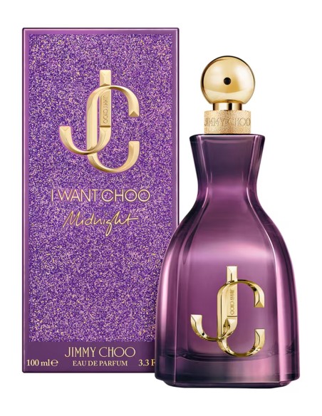 Perfume Jimmy Choo I Want Choo Midnight de 100 ml junto a su caja morada con acabado brillante