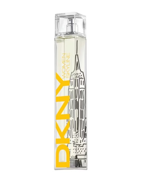 DKNY Women Skyline Eau de Parfum de 100 ml con frasco alargado, dibujo de rascacielos y logotipo amarillo