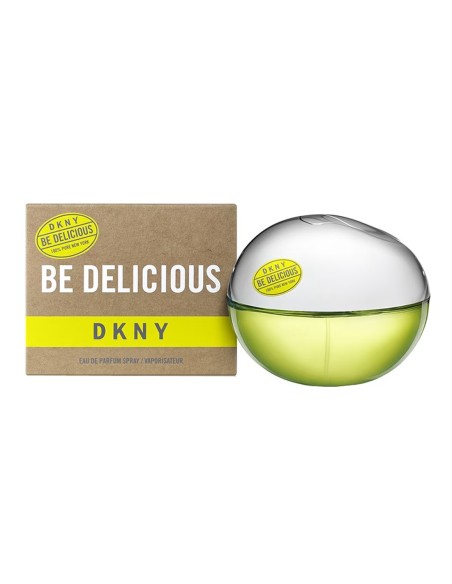 DKNY Be Delicious Eau de Parfum de 50 ml con frasco verde redondeado y caja marrón con franja amarilla