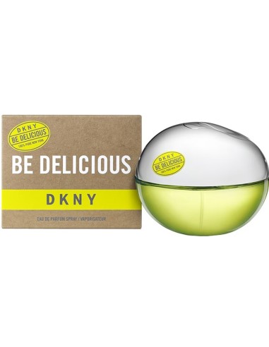 DKNY Be Delicious Eau de Parfum de 100 ml con frasco verde redondeado y caja marrón con franja amarilla