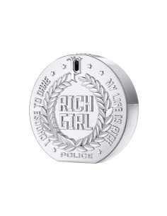 Frasco Police Rich Girl Platinum EDP 100 ml de acabado plateado con inscripción Rich Girl y corona de hojas