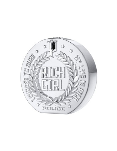 Frasco Police Rich Girl Platinum EDP 100 ml de acabado plateado con inscripción Rich Girl y corona de hojas
