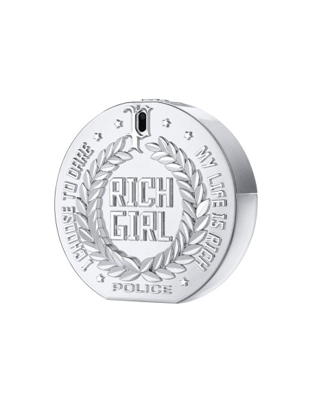 Frasco Police Rich Girl Platinum EDP 100 ml de acabado plateado con inscripción Rich Girl y corona de hojas