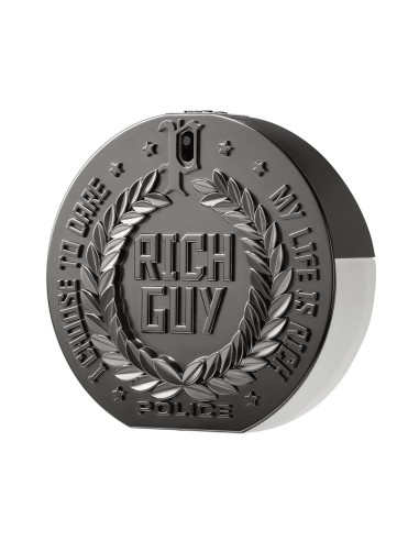 Detalle del vaporizador y los relieves del frasco Police Rich Guy Platinum para hombre