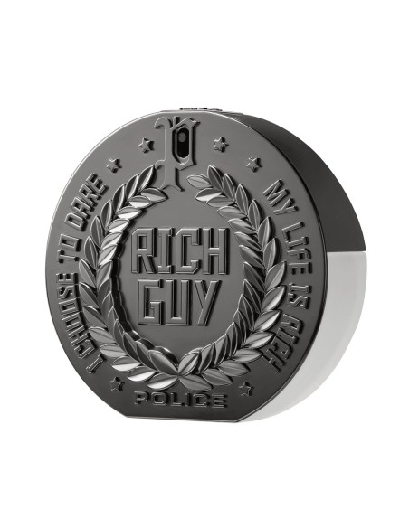 Detalle del vaporizador y los relieves del frasco Police Rich Guy Platinum para hombre