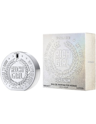Police Rich Girl Platinum Eau de Parfum de 100 ml con frasco redondo plateado y caja a juego