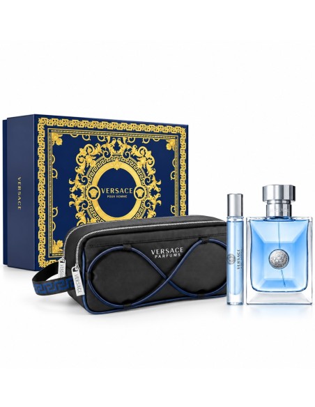 Estuche Versace Pour Homme con Eau de Toilette de 100 ml, vaporizador de 10 ml y neceser negro con detalles azules