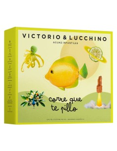 Caja de Corre que te pillo con ilustraciones de frutas y flores y contenido de colonia 150 ml más neceser
