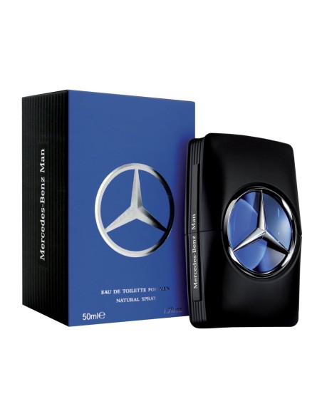 Perfume Mercedes-Benz Man EDT 50 ml junto a su caja azul y negra con el emblema de la marca