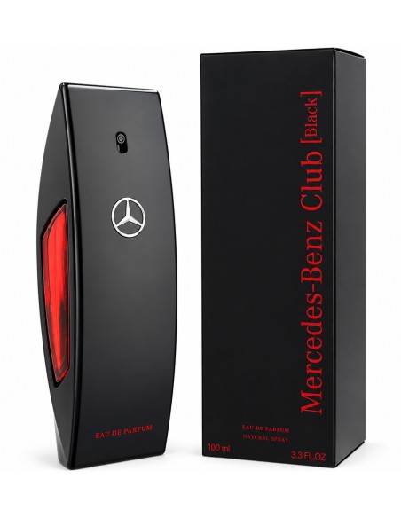 Mercedes-Benz Club Black Eau de Parfum 100 ml con frasco negro, detalle lateral rojo y caja