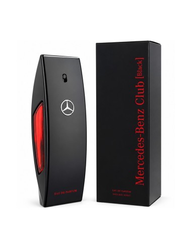 Mercedes-Benz Club Black Eau de Parfum 50 ml con frasco negro, detalle lateral rojo y caja