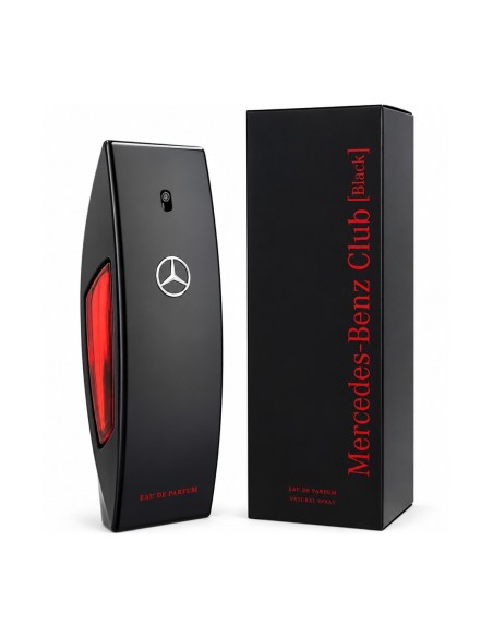 Mercedes-Benz Club Black Eau de Parfum 50 ml con frasco negro, detalle lateral rojo y caja