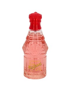 Frasco de Versace Red Jeans Woman EDT 75 ml con relieves decorativos y tapón rojo