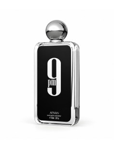Frasco de Afnan 9 PM EDP 100 ml con etiqueta negra, número plateado y tapón esférico