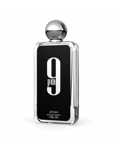 Frasco de Afnan 9 PM EDP 100 ml con etiqueta negra, número plateado y tapón esférico
