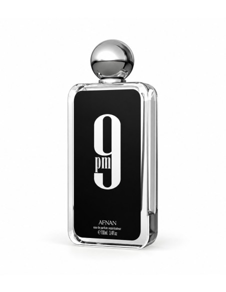 Frasco de Afnan 9 PM EDP 100 ml con etiqueta negra, número plateado y tapón esférico