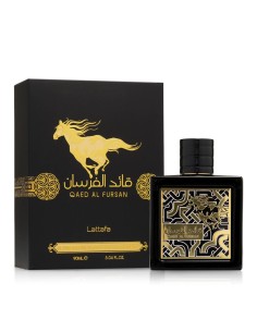 Frasco negro de Lattafa Qaed Al Fursan EDP 90 ml con placa ornamental y caballo dorado 2