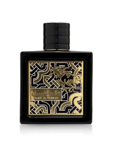 Frasco negro de Lattafa Qaed Al Fursan EDP 90 ml con placa ornamental y caballo dorado