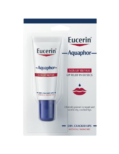 Eucerin Aquaphor SOS Regenerador Labial 10 ml en tubo blanco con tapón azul y envase blíster