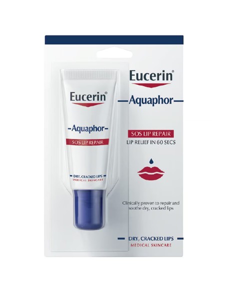 Eucerin Aquaphor SOS Regenerador Labial 10 ml en tubo blanco con tapón azul y envase blíster